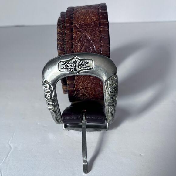 El Campero Brown Tooled Leather Western Belt w/ Silver Buckle  40” - Picture 1 of 5